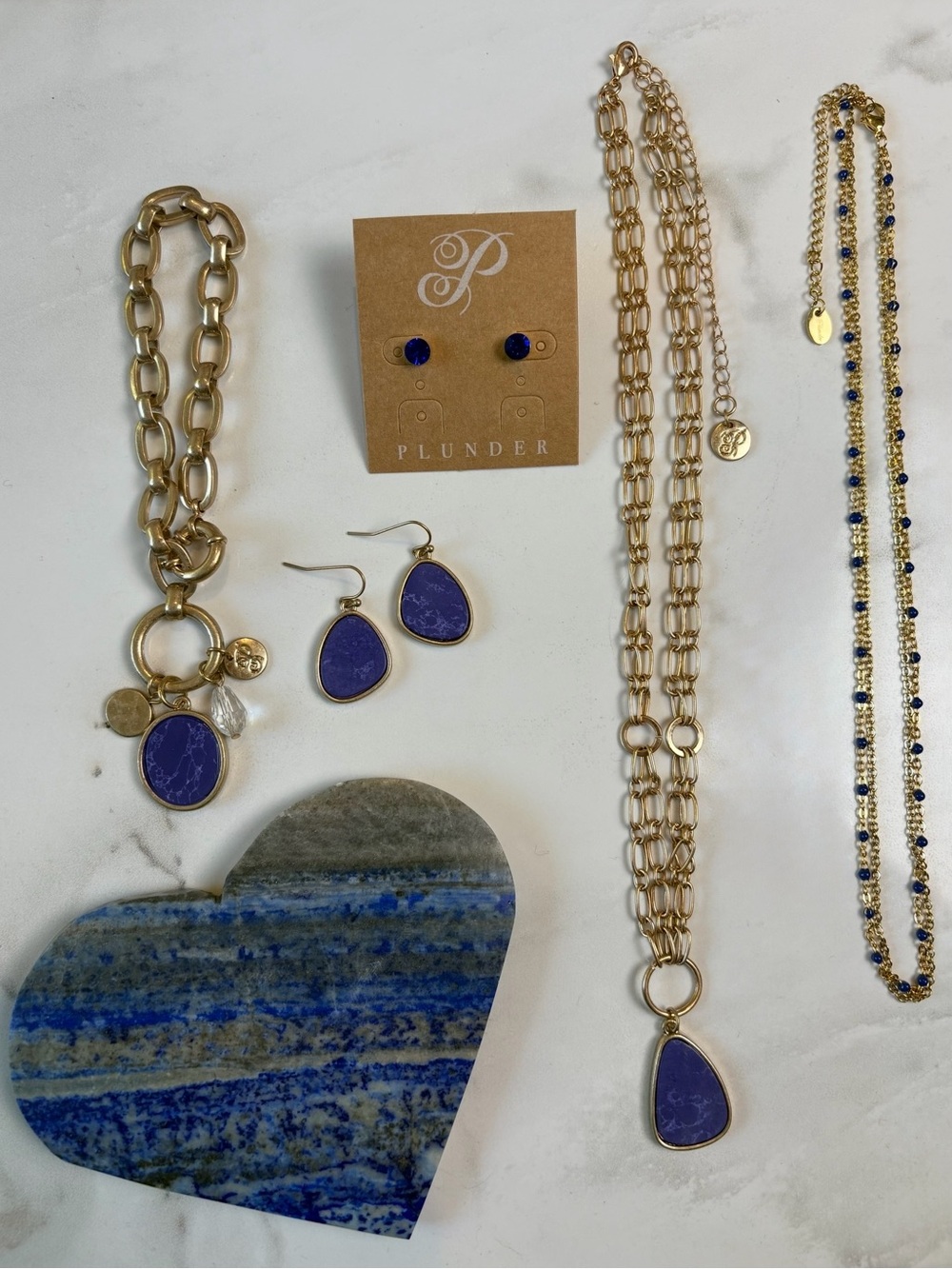 Goldtone Double Chain Necklace with a Blue Glass Pendant by Plunder Design - Picture 4 of 11